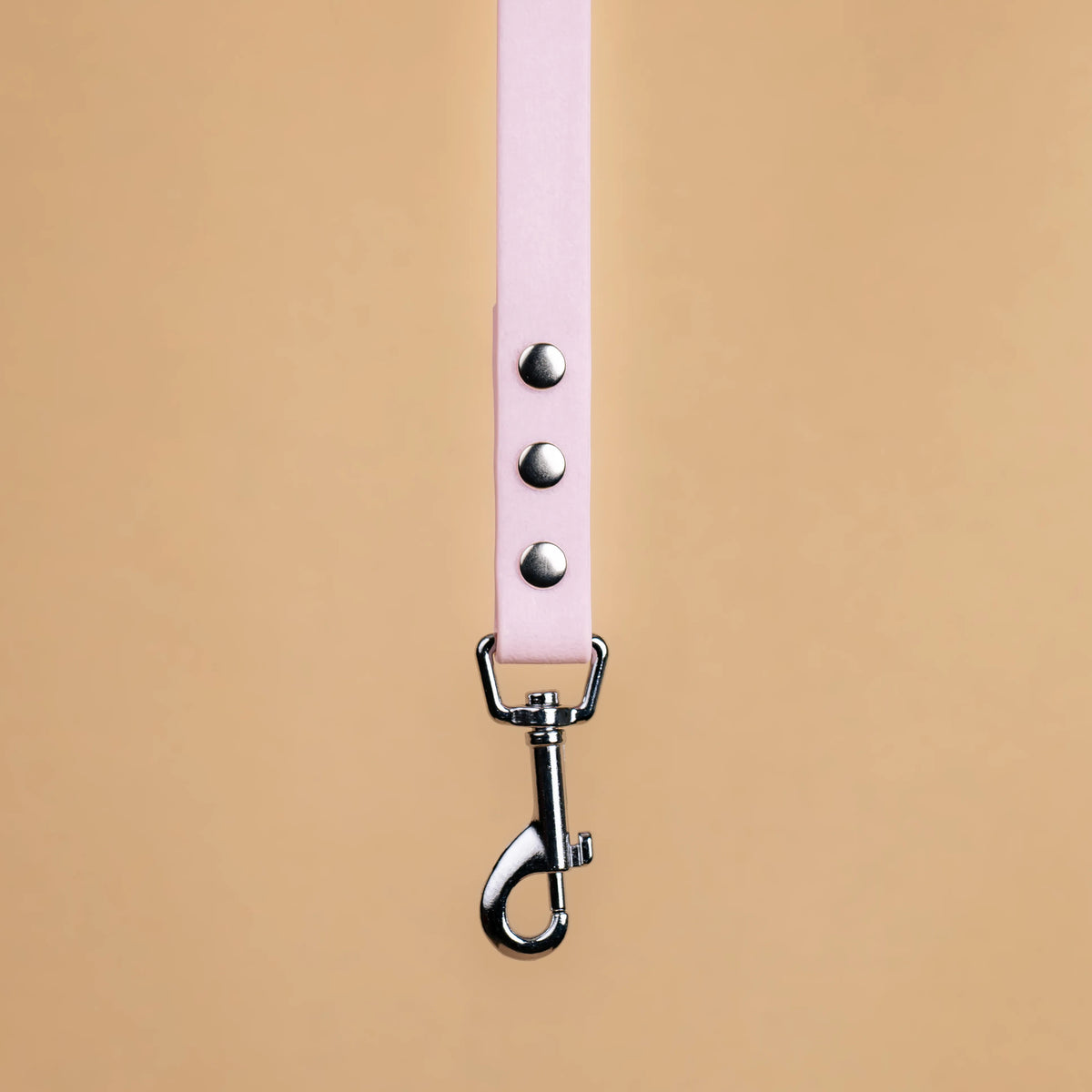Zoom sur l'attache de la laisse simple pour chien en sangle enduite matière similaire au biothane rose pastel