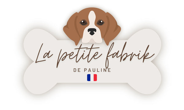 Logo de la petite fabrik de pauline en forme d'os avec tête de chien création française