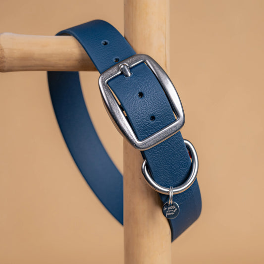 details collier kérosène bleu nuit vue proche zoom bouclerie en acier inoxydable résistant matière sangle enduite similaire au biothane
