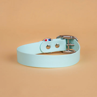 Collier bleu pastel en sangle enduite étanche similaire au biothane vu de l'arrière