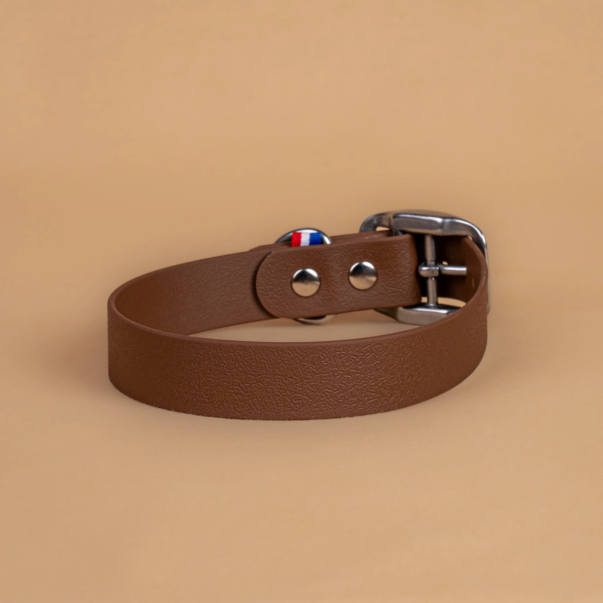 Collier brun en sangle enduite étanche similaire au biothane vu de l'arrière