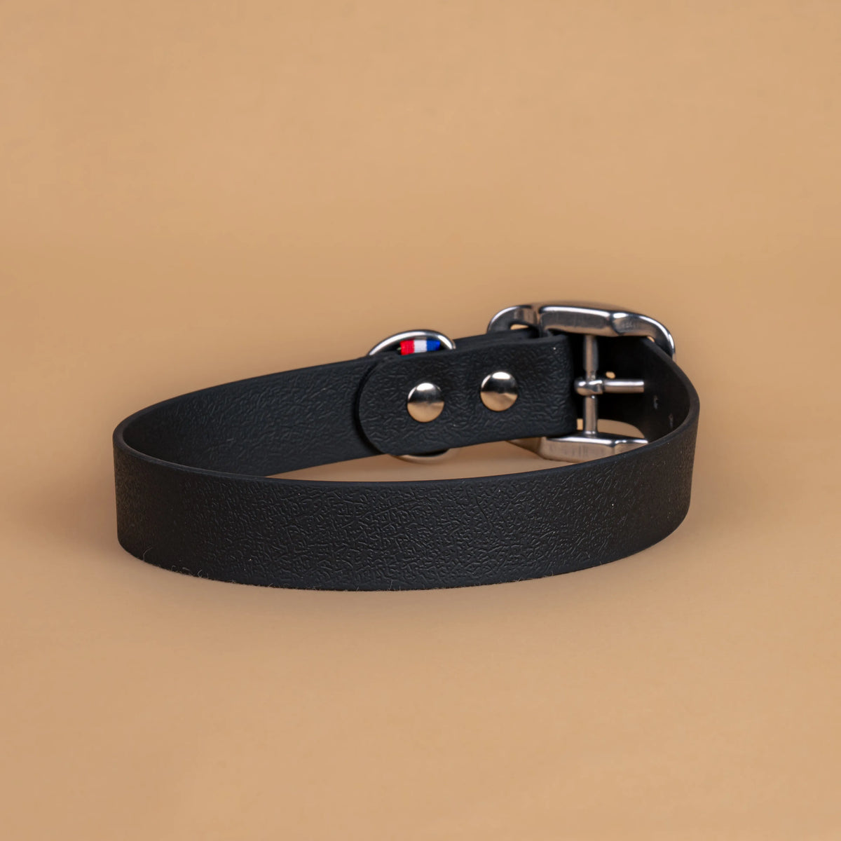 Collier noir en sangle enduite étanche similaire au biothane vu de l'arrière