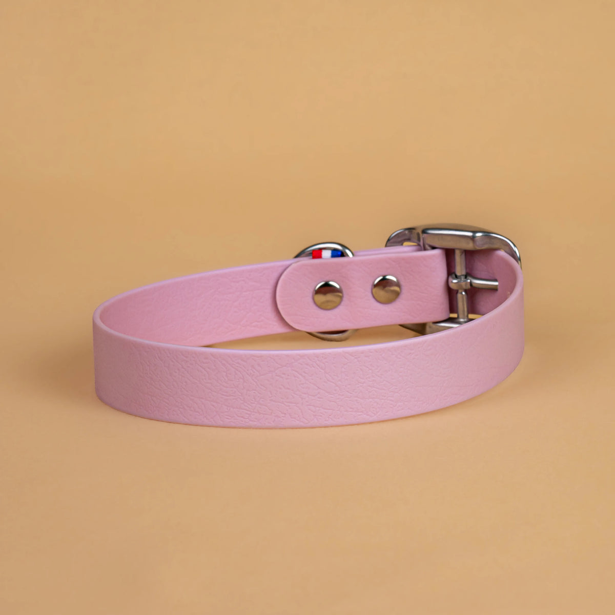Collier rose lavande en sangle enduite étanche similaire au biothane vu de l'arrière
