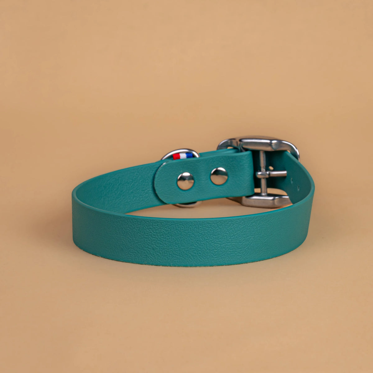 Collier vert chasseur en sangle enduite étanche similaire au biothane vu de l'arrière