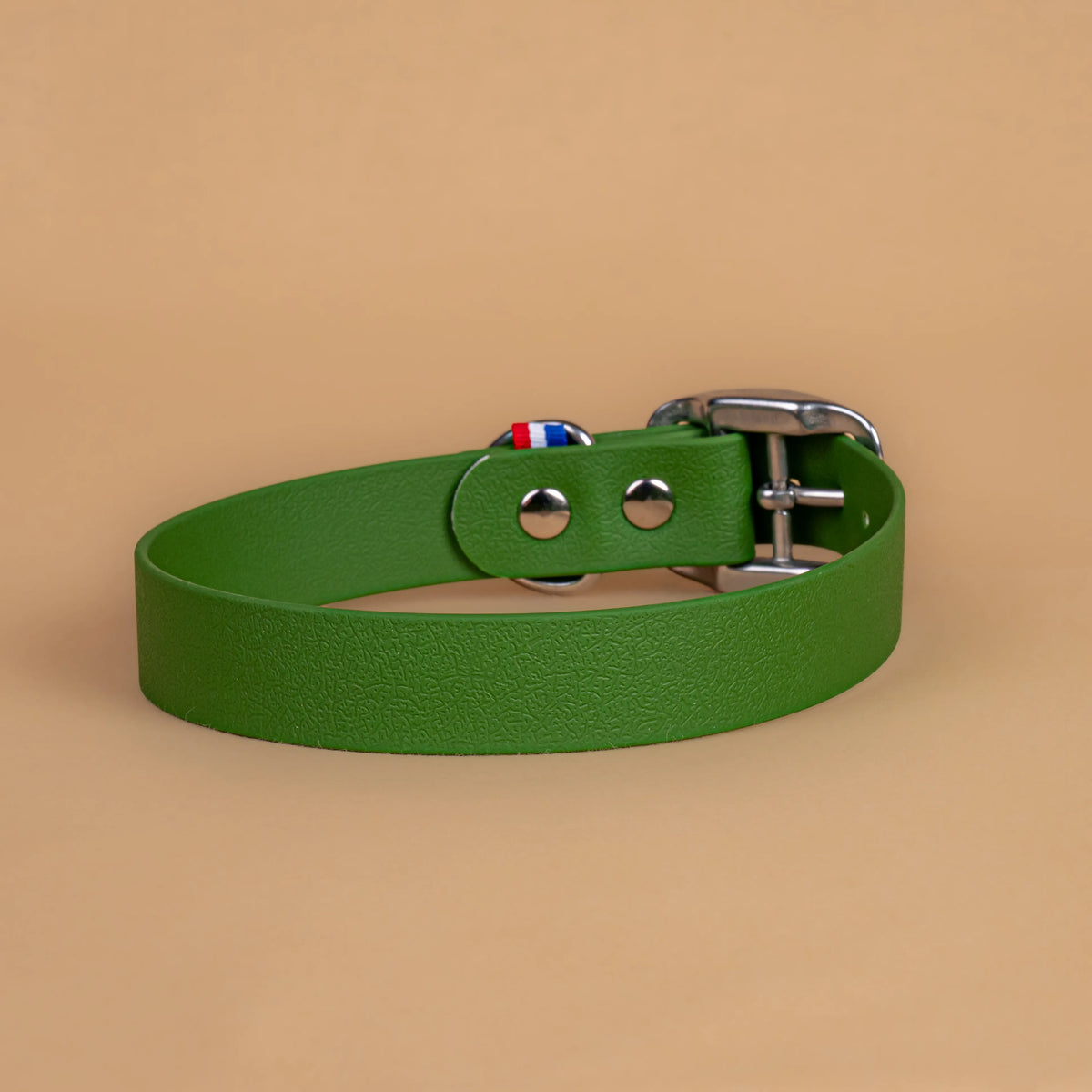 Collier vert olive en sangle enduite étanche similaire au biothane vu de l'arrière
