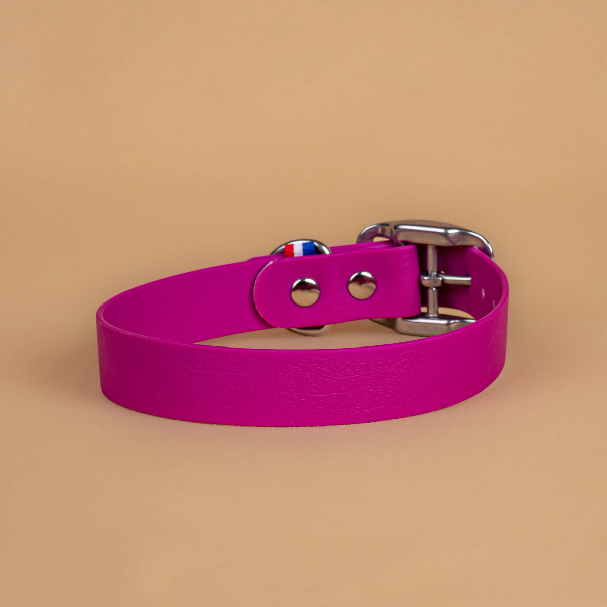 Collier violet lilas en sangle enduite étanche similaire au biothane vu de l'arrière