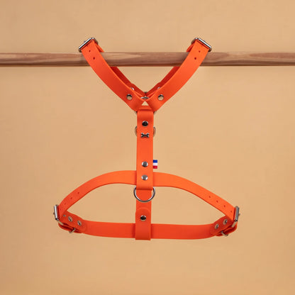 harnais vue global de face poser sur une barre matière sangle enduite étanche similaire au biothane orange
