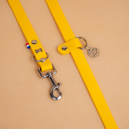 laisse multi positions en sangle enduite matière étanche similaire au biothane zoom sur les finitions en acier inoxydable couleur jaune