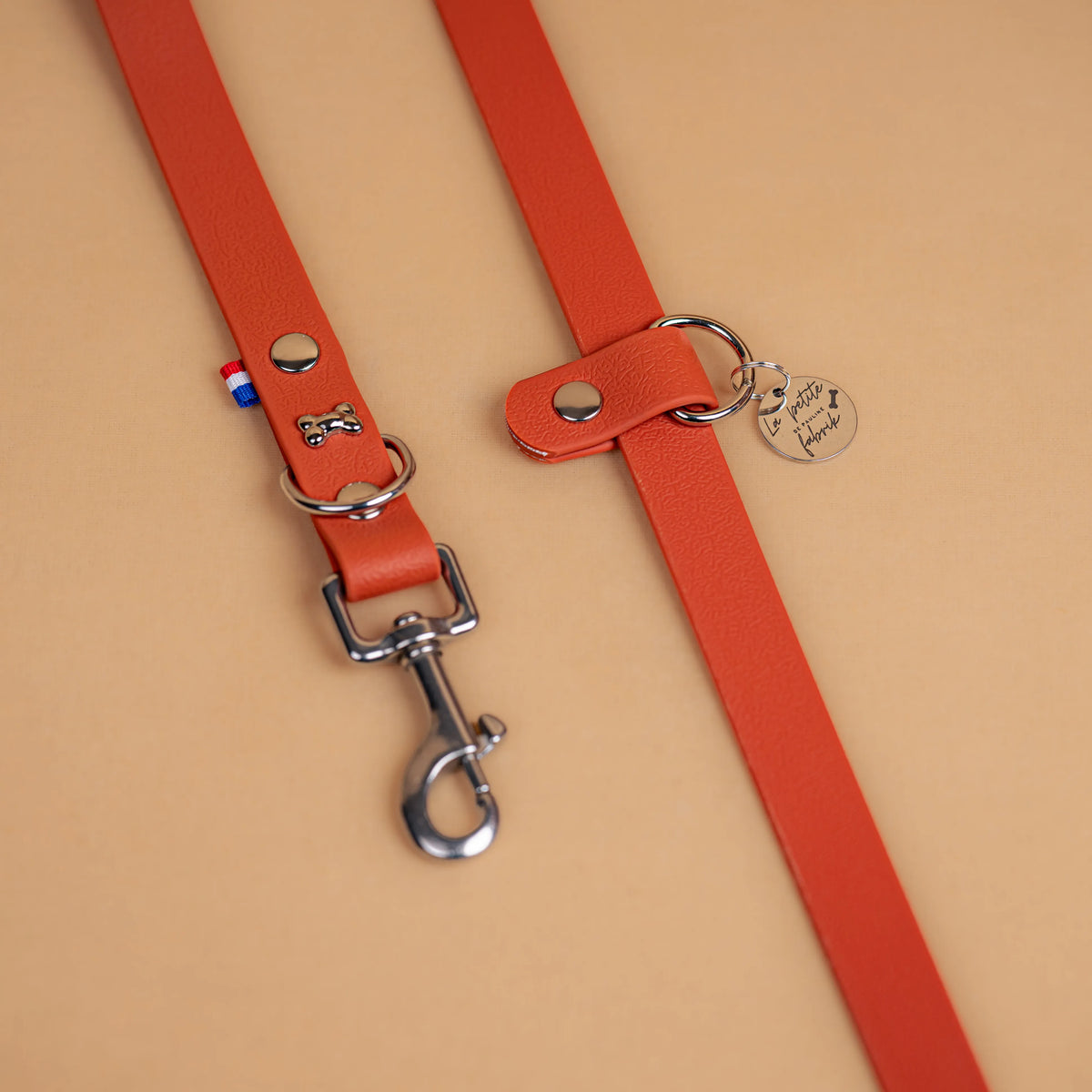 laisse multi positions en sangle enduite matière étanche similaire au biothane zoom sur les finitions en acier inoxydable couleur orange terracotta