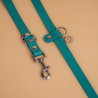 laisse multi positions en sangle enduite matière étanche similaire au biothane zoom sur les finitions en acier inoxydable couleur vert chasseur