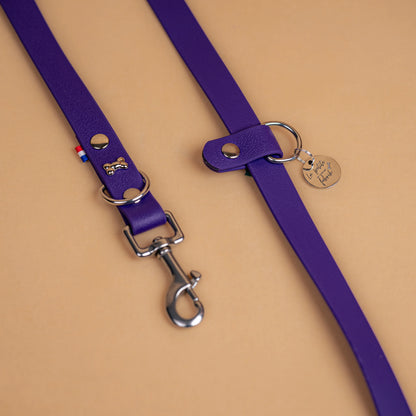 laisse multi positions en sangle enduite matière étanche similaire au biothane zoom sur les finitions en acier inoxydable couleur violet pourpre
