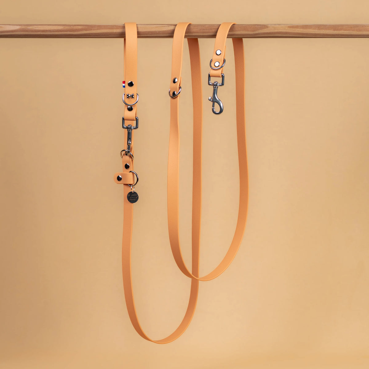 laisse multi position mains libre pour chien étanche en sangle enduite similaire au biothane vue globale beige