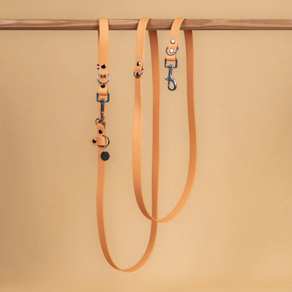 laisse multi position mains libre pour chien étanche en sangle enduite similaire au biothane vue globale beige