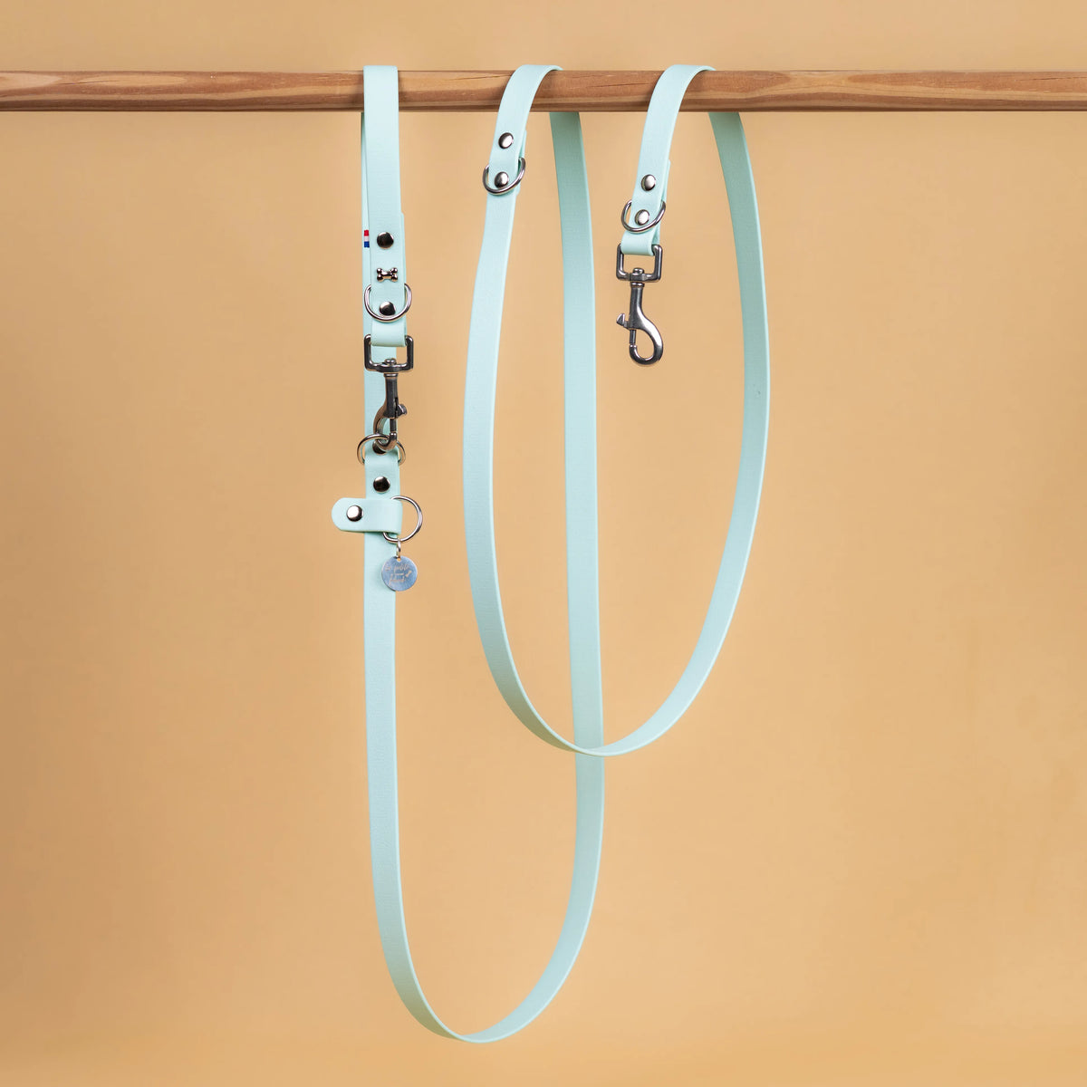 laisse multi position mains libre pour chien étanche en sangle enduite similaire au biothane vue globale bleu pastel