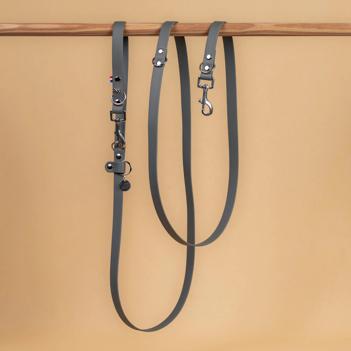 laisse multi position mains libre pour chien étanche en sangle enduite similaire au biothane vue globale gris