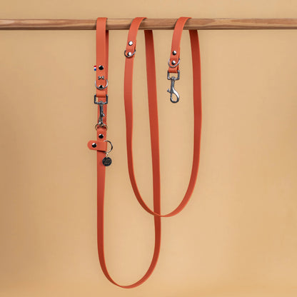 laisse multi position mains libre pour chien étanche en sangle enduite similaire au biothane vue globale orange terracotta