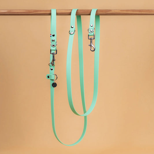 laisse multi position mains libre pour chien étanche en sangle enduite similaire au biothane vue globale rose