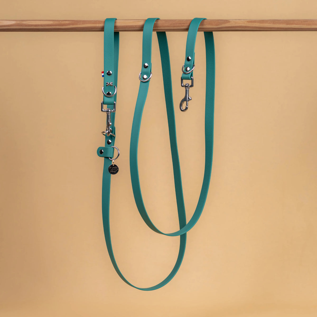 laisse multi position mains libre pour chien étanche en sangle enduite similaire au biothane vue globale vert chasseur
