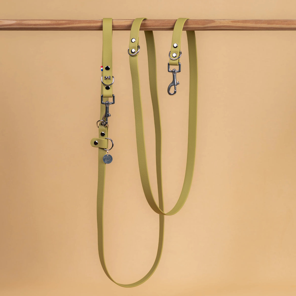 laisse multi position mains libre pour chien étanche en sangle enduite similaire au biothane vue globale vert kaki clair