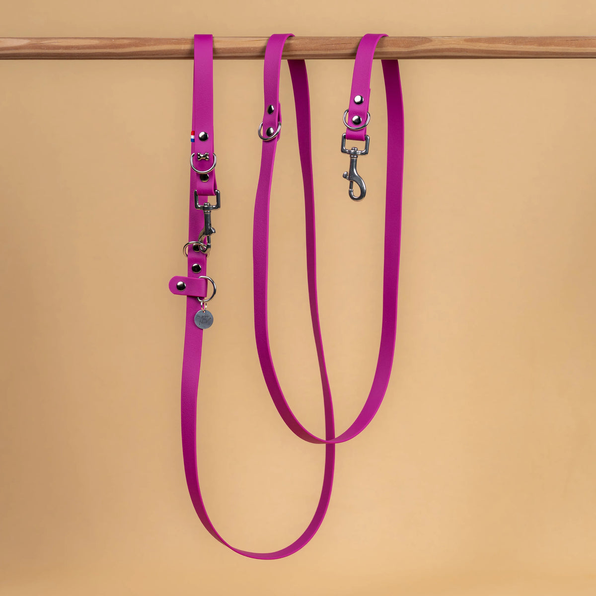 laisse multi position mains libre pour chien étanche en sangle enduite similaire au biothane vue globale violet lilas 