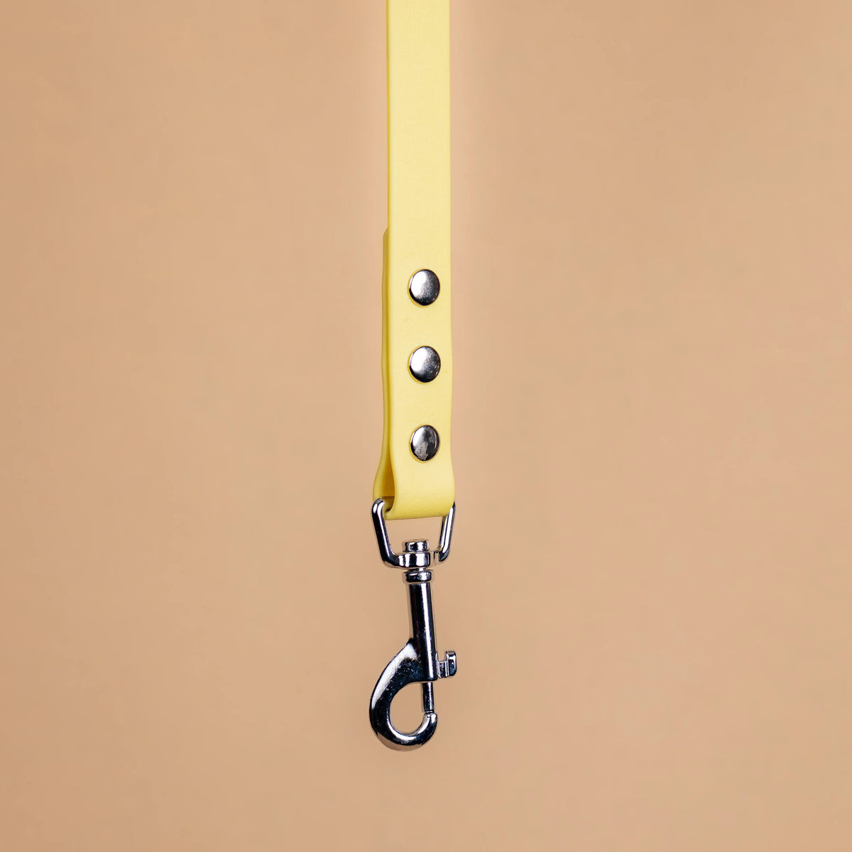 Zoom sur l'attache de la laisse simple pour chien en sangle enduite matière similaire au biothane jaune pastel