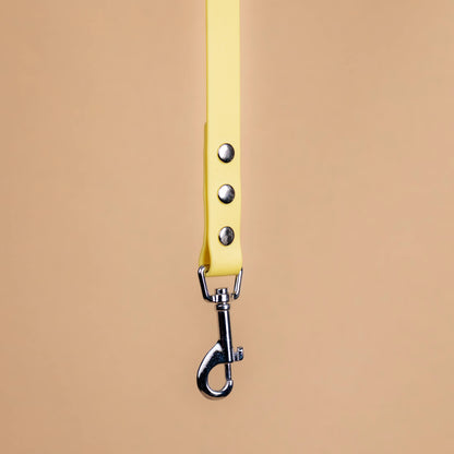 Zoom sur l'attache de la laisse simple pour chien en sangle enduite matière similaire au biothane jaune pastel