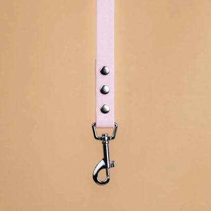 Zoom sur l'attache de la laisse simple pour chien en sangle enduite matière similaire au biothane rose pastel 