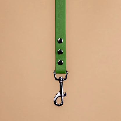 Zoom sur l'attache de la laisse simple pour chien en sangle enduite matière similaire au biothane vert olive