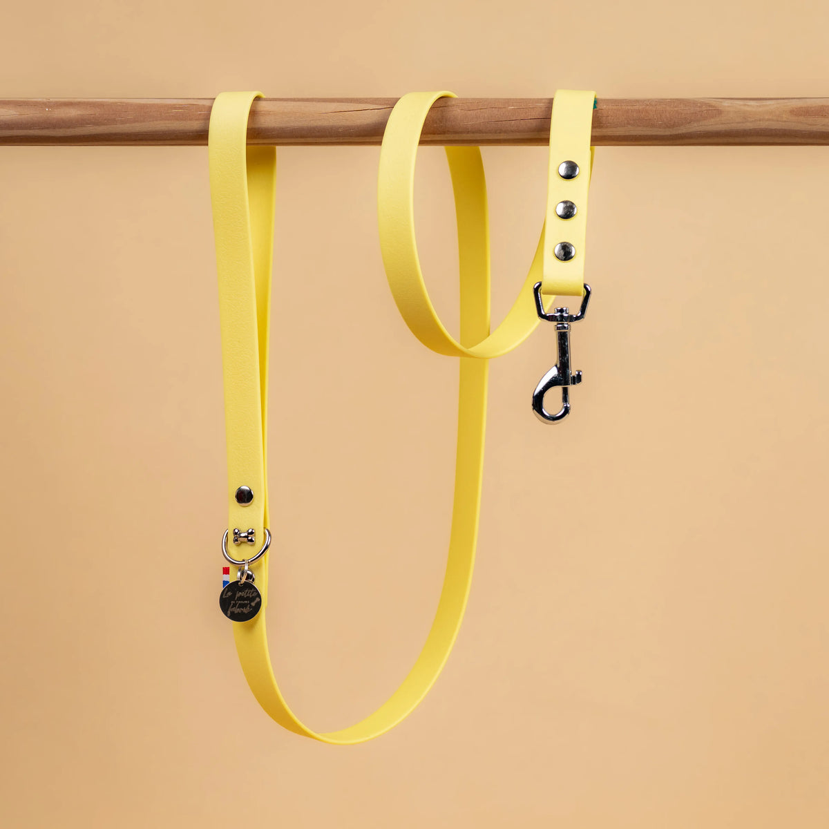laisse simple pour chien en sangle enduite étanche matière similaire au biothane couleur jaune pastel
