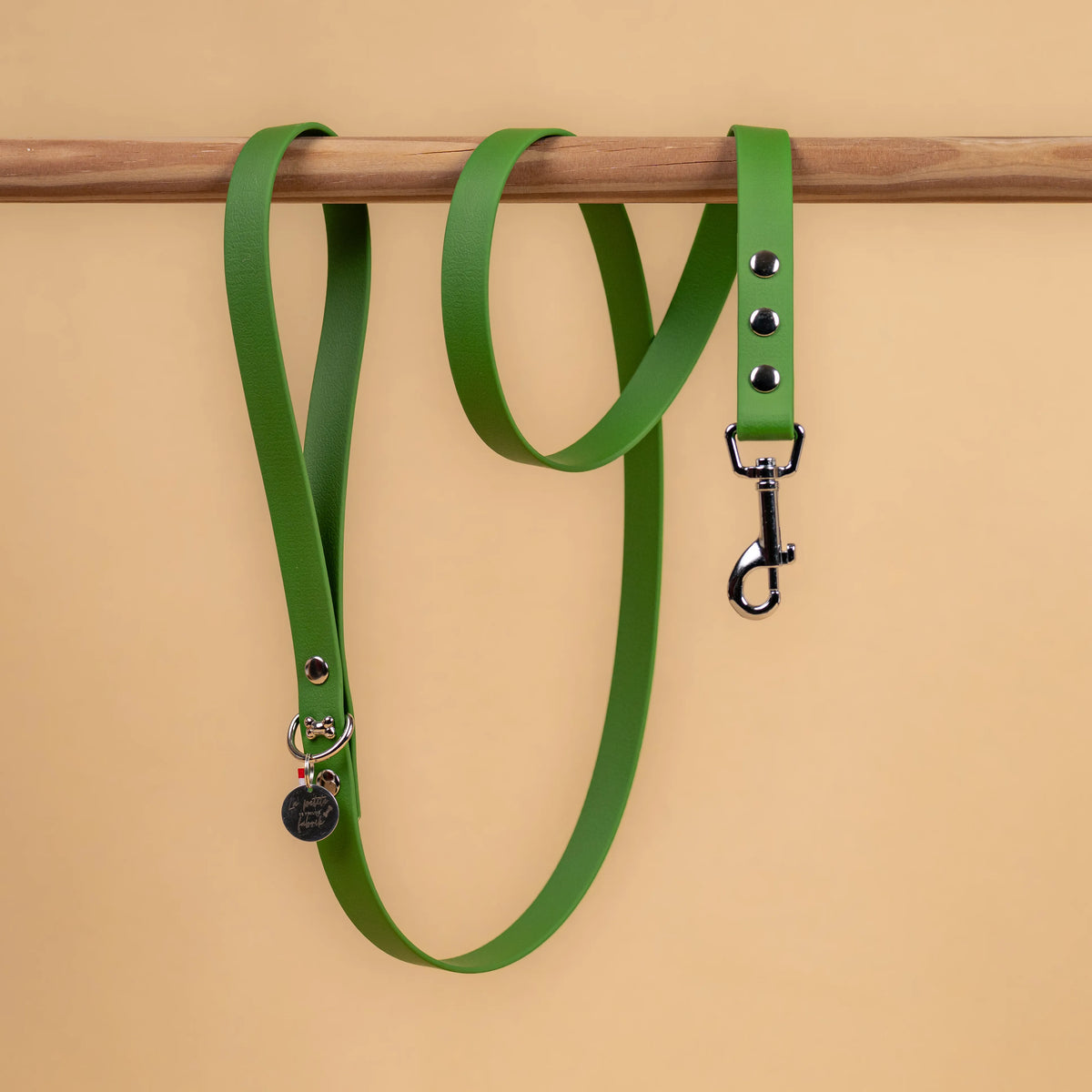 laisse simple pour chien en sangle enduite étanche matière similaire au biothane couleur vert olive