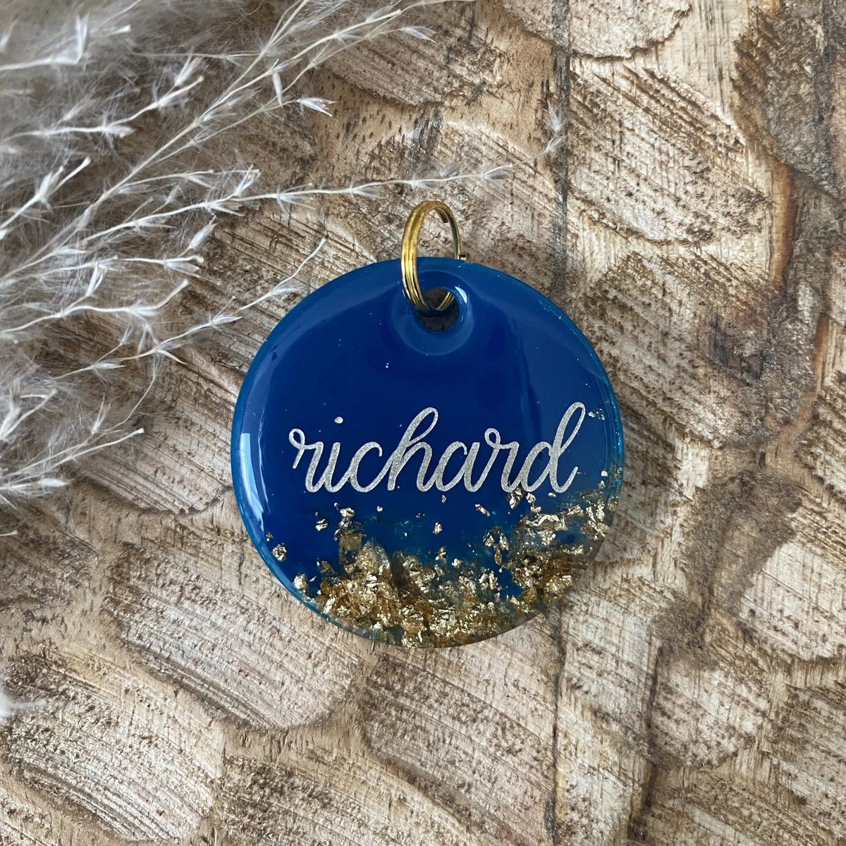 Médaille en résine personnalisée pour chien modèle Bleu Impérial bleu royal avec feuille d'or