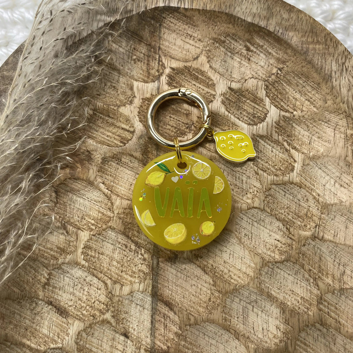 Médaille en résine personnalisée pour chien modèle Lemon jaune vif avec motifs citrons