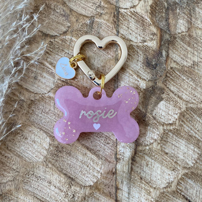 Médaille en résine personnalisée pour chien modèle Rose Poudré rose avec incrustation feuille d'or