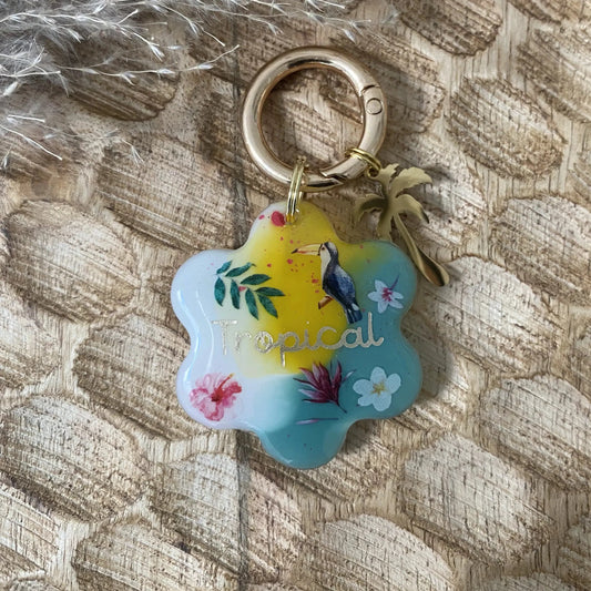 Médaille en résine personnalisée pour chien modèle Tropical aux couleurs jaune et turquoise