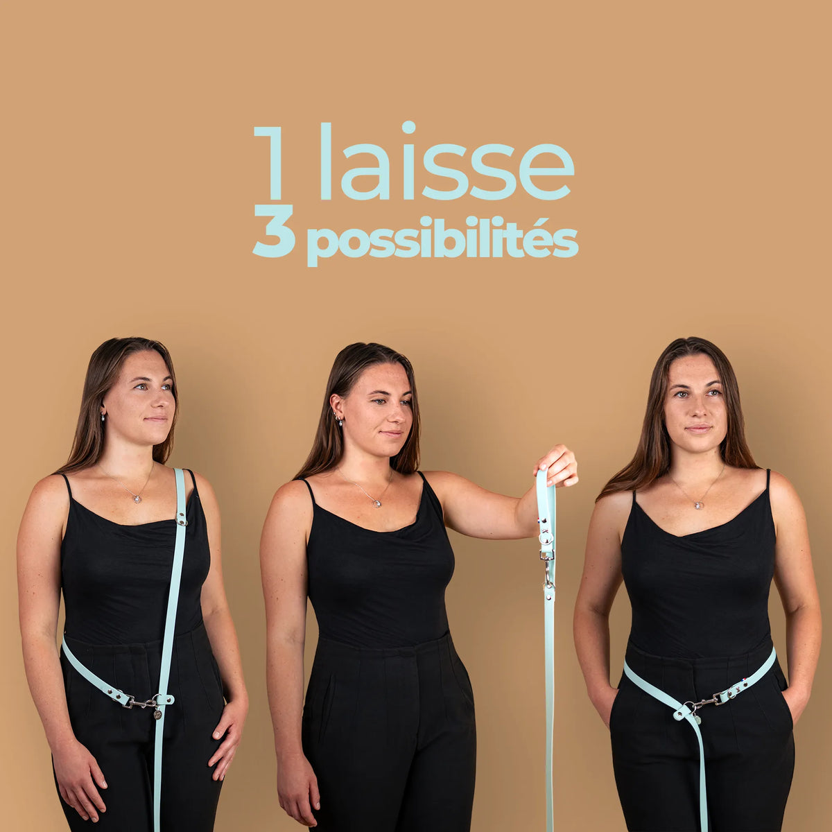 1 laisse 3 possibilités : démonstration différentes utilisations laisse multi position mains libres matière étanche en sangle enduite similaire au biothane 