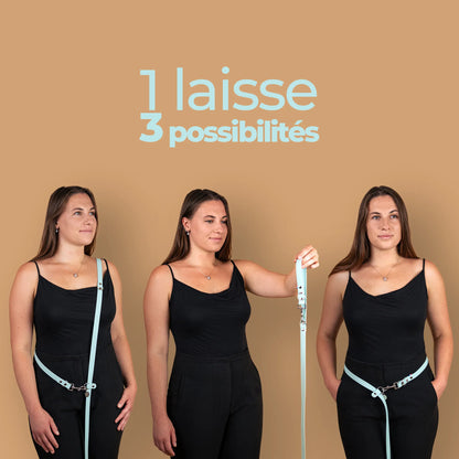 1 laisse 3 possibilités : démonstration différentes utilisations laisse multi position mains libres matière étanche en sangle enduite similaire au biothane 