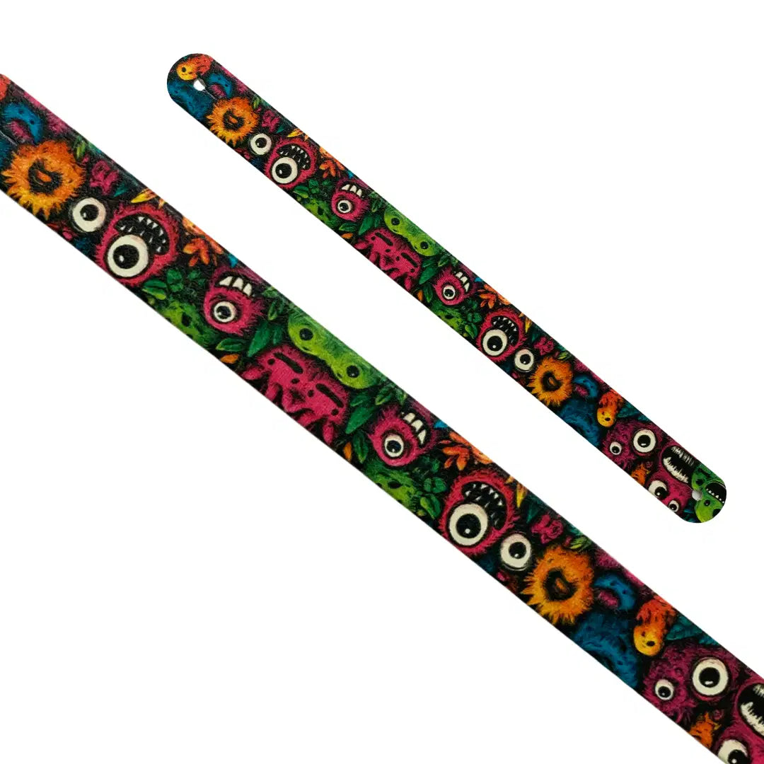 Motif interchangeable en Biothane petits monstres rigolos et colorés pour collier de chien.