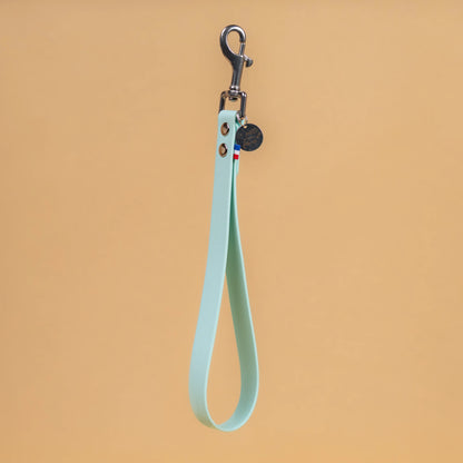 poignée laisse à mains pour chien en sangle enduite matière étanche similaire au biothane couleur bleu pastel
