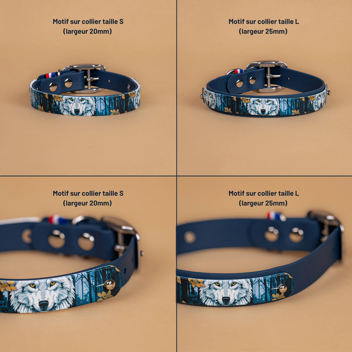 présentation de deux dimensions de colliers avec la bande a motifs interchangeable pour chien clipper dessus 